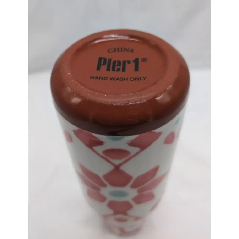 Pier 1 Hand Painted Terracotta Vase 8in Floral Geometric Boho Decor Ceramic